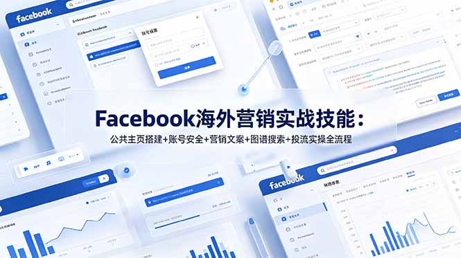 <a href="https://www.zdlhp.com/remen/9257.html" title="闲鱼" target="_blank">闲鱼</a>引流-Facebook海外营销实战课程封面图，展示账号搭建、精准搜索与投流转化核心模块