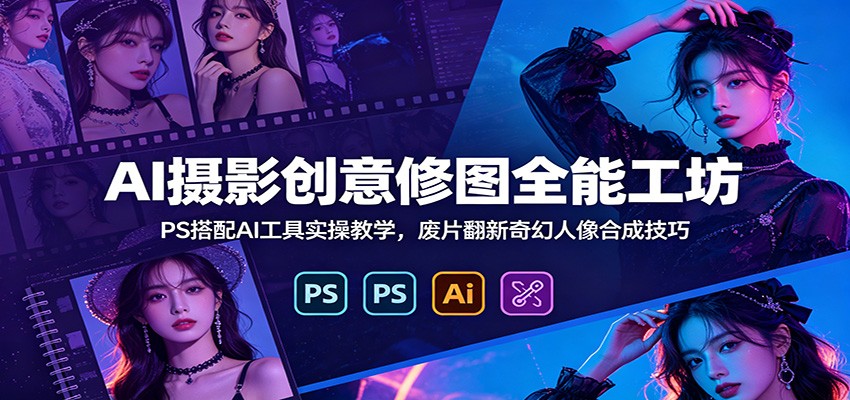 (图1) <a href="https://www.zdlhp.com/remen/9257.html" title="闲鱼" target="_blank">闲鱼</a>引流-AI摄影魔法工坊课程封面图:PS与AI工具融合界面展示奇幻人像修图效果
