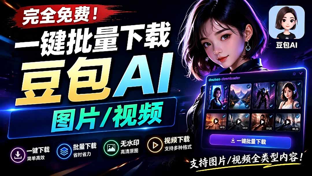 (图1) <a href="https://www.zdlhp.com/remen/9257.html" title="闲鱼" target="_blank">闲鱼</a>引流-豆包AI下载器主界面展示,突出一键批量下载与无水印导出功能