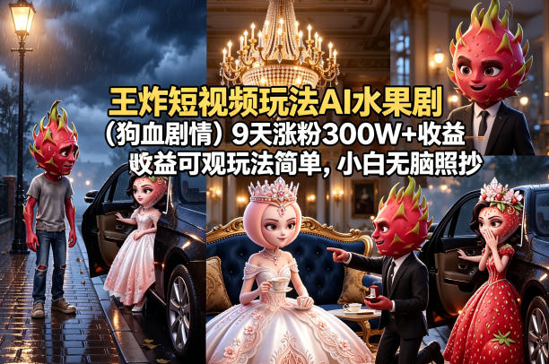 (图1) <a href="https://www.zdlhp.com/remen/9257.html" title="闲鱼" target="_blank">闲鱼</a>引流-AI水果拟人短剧封面图:芒果穿西装怒斥菠萝出轨,视觉反差强烈,突出狗血剧情与AI拟人化核心卖点