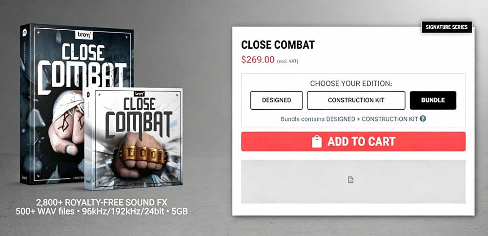(图2) 闲鱼引流-Close Combat音效库界面截图,展示WAV文件分类目录与多轨预览波形图