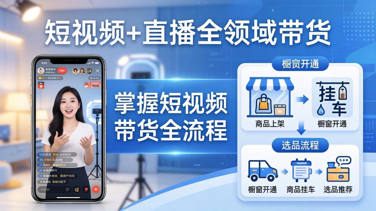 (图1) <a href="https://www.zdlhp.com/remen/9257.html" title="闲鱼" target="_blank">闲鱼</a>引流-短视频直播带货全链路教学封面图:涵盖选品、拍摄、剪辑、直播话术四大核心模块