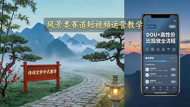 (图1) 闲鱼引流-中式美学风景短<a href="https://www.zdlhp.com/shipinkecheng" title="视频课程" target="_blank">视频课程</a>封面图:水墨山峦与书法诗句结合的抖音运营教学主视觉