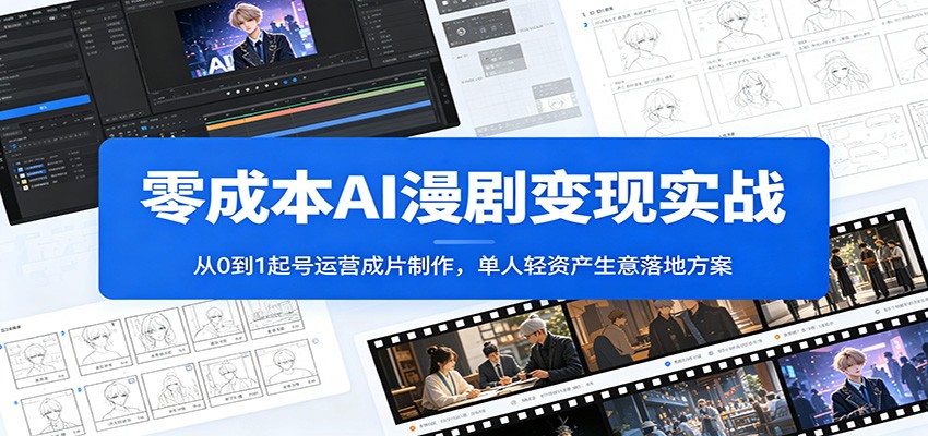 <a href="https://www.zdlhp.com/remen/9257.html" title="闲鱼" target="_blank">闲鱼</a>引流-AI漫剧轻资产创业课程封面图，展示单人用AI工具制作漫画短剧全流程教学场景