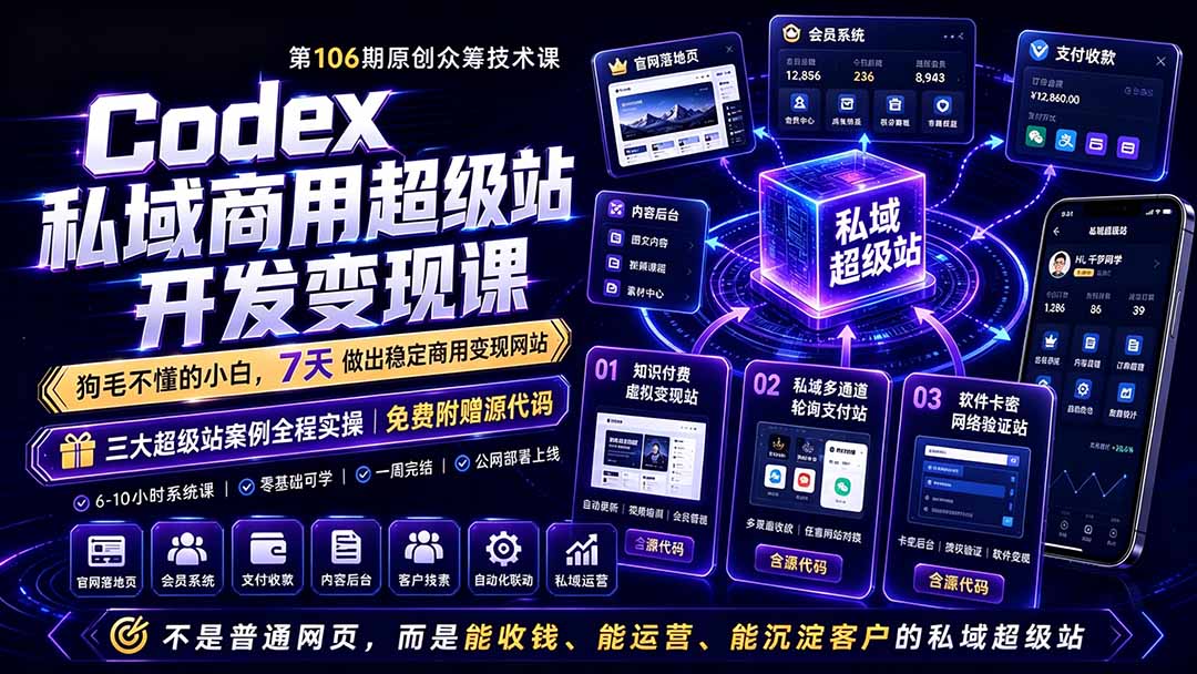 (图1) <a href="https://www.zdlhp.com/remen/9257.html" title="闲鱼" target="_blank">闲鱼</a>引流-AI商用超级站课程主视觉图展示零基础学员7天完成网站开发与上线全流程