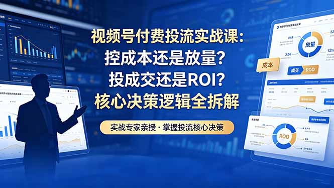 (图1) <a href="https://www.zdlhp.com/remen/9257.html" title="闲鱼" target="_blank">闲鱼</a>引流-渔财老师视频号付费投流实战课主视觉封面图,突出微信豆起号与ROI优化核心关键词