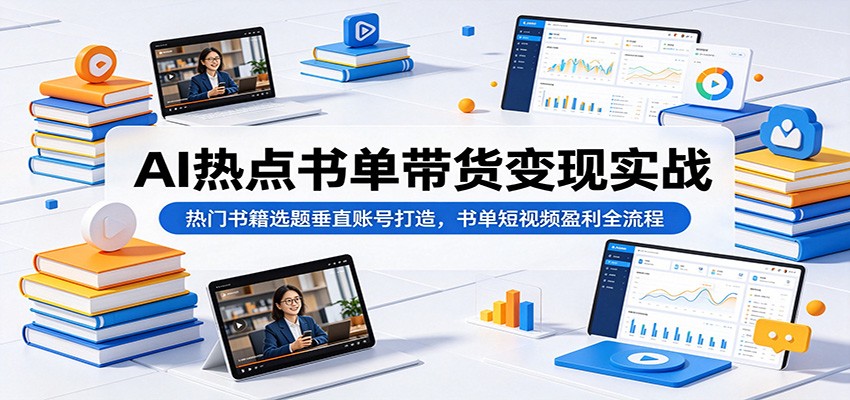(图1) <a href="https://www.zdlhp.com/remen/9257.html" title="闲鱼" target="_blank">闲鱼</a>引流-AI书单短视频实战课封面图:手机界面展示爆款读书视频与带货橱窗数据看板