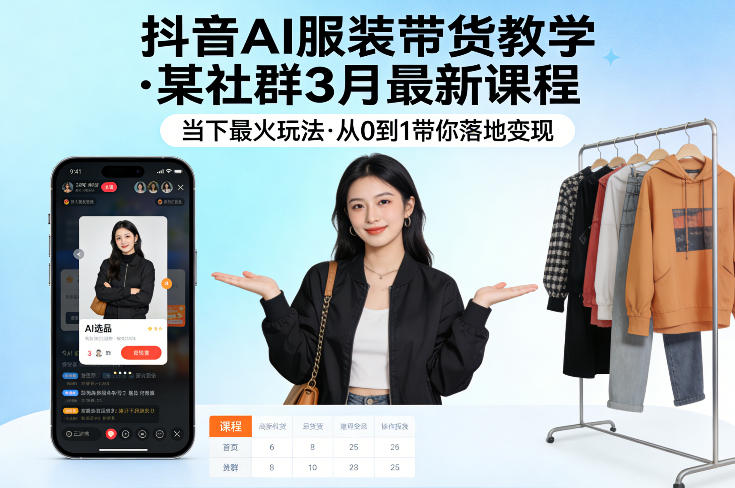 (图1) <a href="https://www.zdlhp.com/remen/9257.html" title="闲鱼" target="_blank">闲鱼</a>引流-抖音AI服装带货教学课程封面图:AI生成真实感穿搭场景,含女装上身效果与多背景切换演示