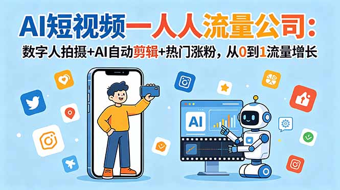 (图1) 闲鱼引流-AI短视频一人公司课程封面图:数字人出镜+多平台流量矩阵可视化示意图