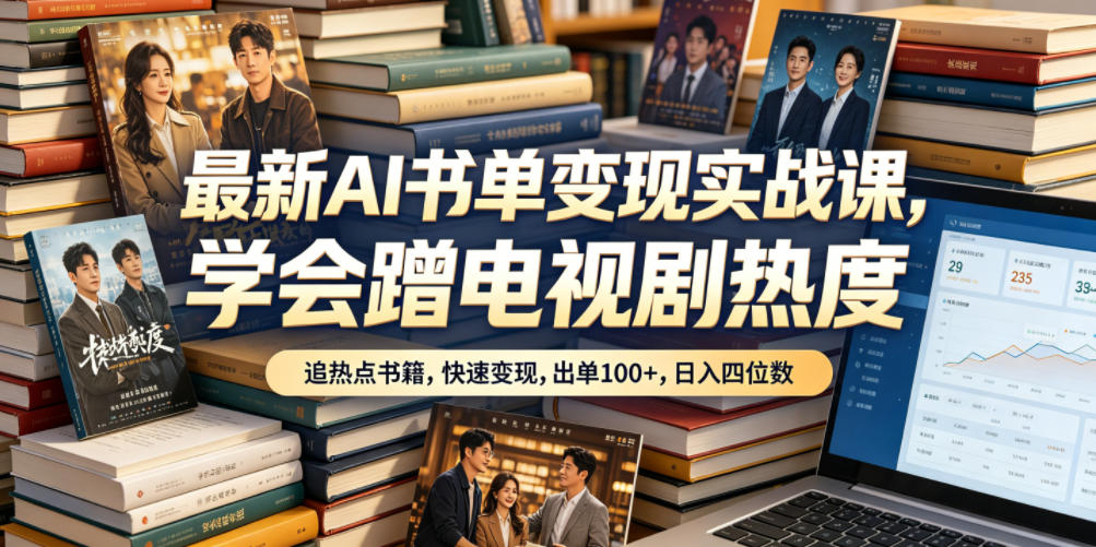 <a href="https://www.zdlhp.com/remen/9257.html" title="闲鱼" target="_blank">闲鱼</a>引流-AI书单副业实战课封面图：电视剧原著书籍爆款案例展示，含日入四位数数据看板与多平台出单截图