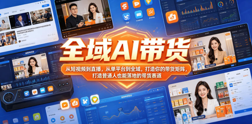 (图1) <a href="https://www.zdlhp.com/remen/9257.html" title="闲鱼" target="_blank">闲鱼</a>引流-全域AI带货实战课程主视觉图:展示短视频+直播+AI工具协同运作的带货矩阵架构