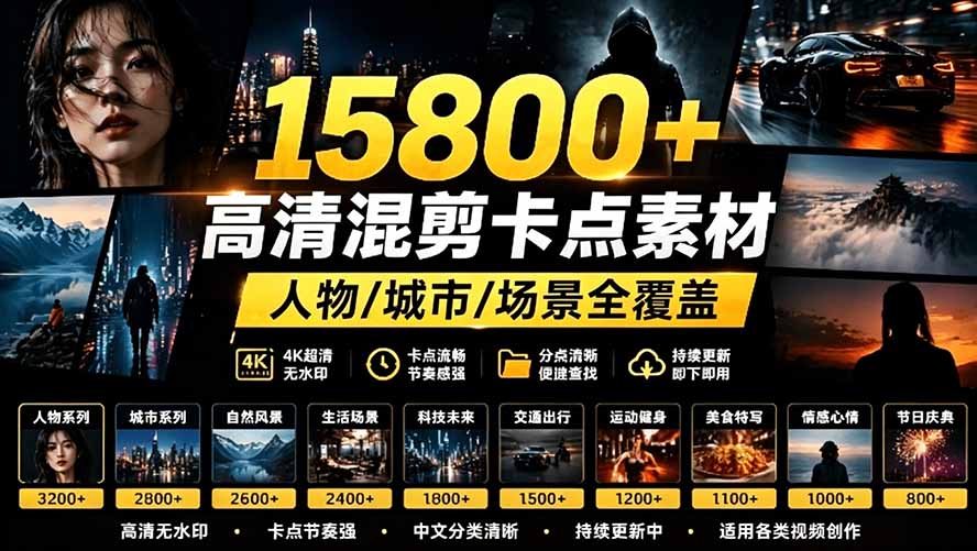 (图1) <a href="https://www.zdlhp.com/remen/9257.html" title="闲鱼" target="_blank">闲鱼</a>引流-15800+高清影视混剪素材库封面图,含人物特写与城市风光分类展示
