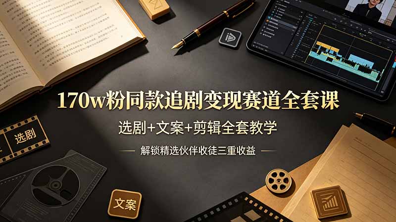 (图1) <a href="https://www.zdlhp.com/remen/9257.html" title="闲鱼" target="_blank">闲鱼</a>引流-追剧短视频变现课程封面图:170万粉博主主讲,含手机电脑双端剪辑界面与爆款文案示例