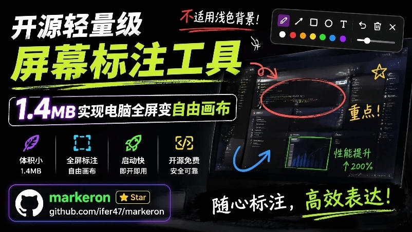 (图1) <a href="https://www.zdlhp.com/remen/9257.html" title="闲鱼" target="_blank">闲鱼</a>引流-MarkerOn开源屏幕标注工具主界面展示,突出快捷键触发与半透明标注层效果