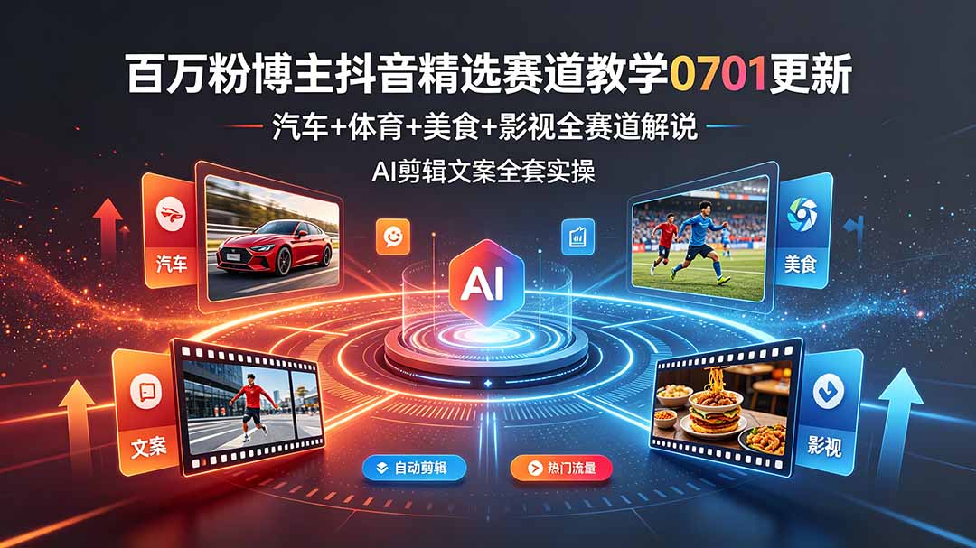(图1) <a href="https://www.zdlhp.com/remen/9257.html" title="闲鱼" target="_blank">闲鱼</a>引流-抖音精选赛道AI创作课程封面图:汽车体育影视美食四大垂直领域教学场景展示