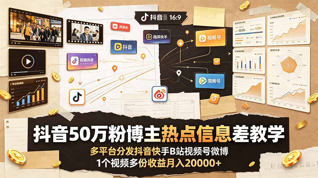(图1) <a href="https://www.zdlhp.com/remen/9257.html" title="闲鱼" target="_blank">闲鱼</a>引流-抖音50万粉丝博主主讲热点信息差短<a href="https://www.zdlhp.com/shipinkecheng" title="视频课程" target="_blank">视频课程</a>封面图,突出多平台分发与月入2W+核心卖点