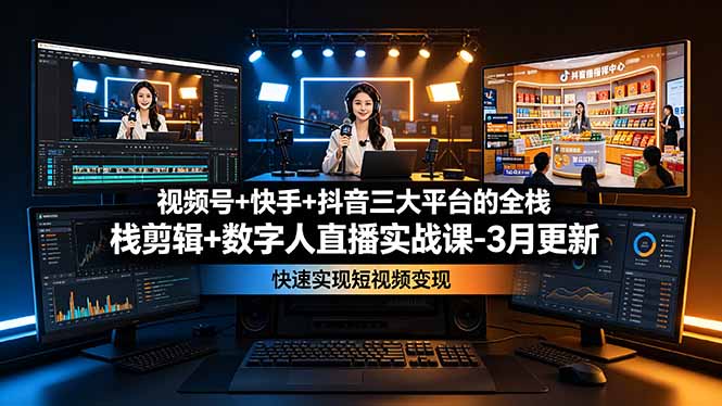 <a href="https://www.zdlhp.com/remen/9257.html" title="闲鱼" target="_blank">闲鱼</a>引流-短视频运营实战课程封面图，展示<a href="https://www.zdlhp.com/douyinkecheng246" title="抖音" target="_blank">抖音</a>快手视频号三平台矩阵与数字人剪辑界面