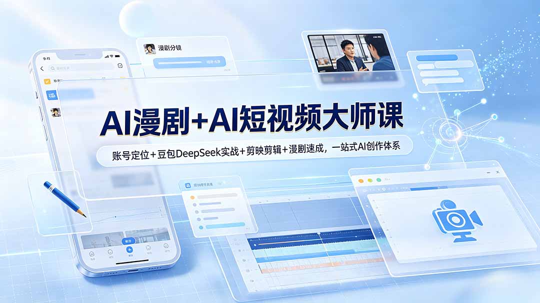 (图1) 闲鱼引流-AI漫剧大师课封面图展示课程核心模块:账号定位、图生视频、剪映剪辑与版权保护
