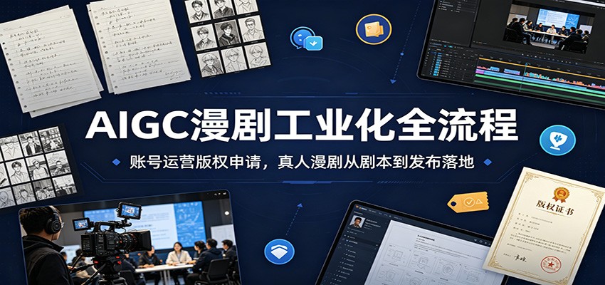 (图1) <a href="https://www.zdlhp.com/remen/9257.html" title="闲鱼" target="_blank">闲鱼</a>引流-AIGC漫剧全流程教学封面图:真人+AI角色融合场景展示,突出漫剧制作核心技能与平台过审要点