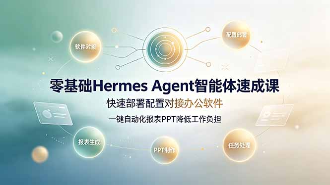 <a href="https://www.zdlhp.com/remen/9257.html" title="闲鱼" target="_blank">闲鱼</a>引流-Hermes Agent智能体课程封面图：展示多平台接入与自动化办公场景界面