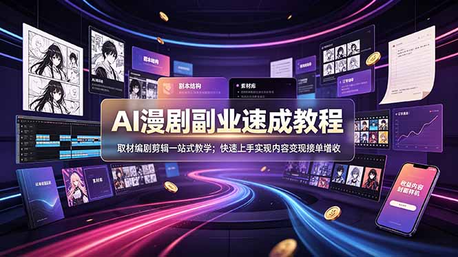 (图1) 闲鱼引流-AI漫剧实战课程封面图:展示全流程工具链与成片效果示例