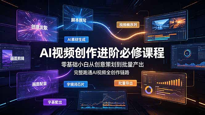 闲鱼引流-AI视频创作实战课程封面图，展示Codex、即梦、RH、Seedance等主流工具界面与多风格成片效果