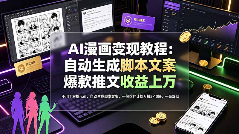 (图1) <a href="https://www.zdlhp.com/remen/9257.html" title="闲鱼" target="_blank">闲鱼</a>引流-AI漫画创作实战课主视觉图展示分镜脚本生成界面与收益数据看板