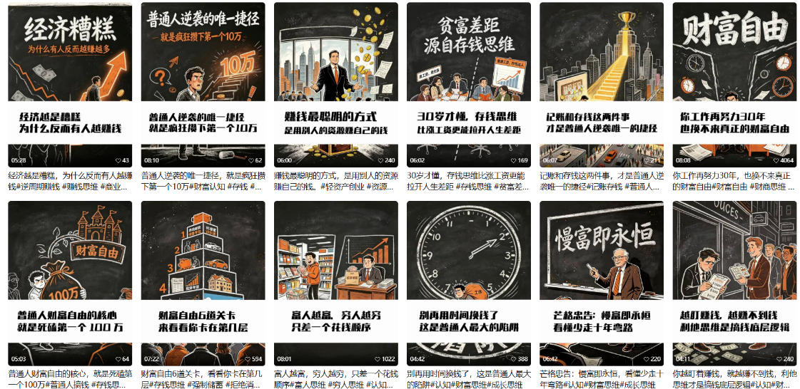 (图2) 闲鱼引流-财富类AI图文视频手绘风格样机展示,含‘认知升级’‘复利思维’‘财务自由路径图’等核心概念可视化呈现