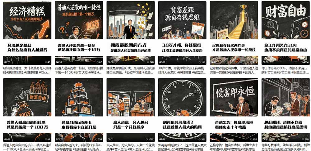 闲鱼引流-财富类手绘图文短视频分镜样例，展示黑白线条与关键数据标注结合效果