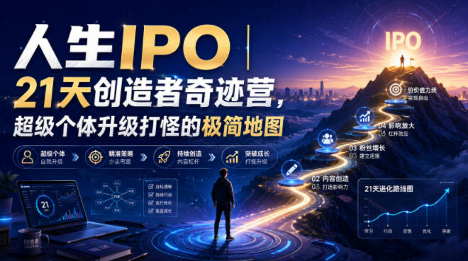 (图1) <a href="https://www.zdlhp.com/remen/9257.html" title="闲鱼" target="_blank">闲鱼</a>引流-人生IPO训练营主视觉图:21天创造者成长路径与IPO三阶模型示意图