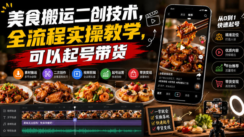 0成本启动！美食账号搬运二创全流程教学，7天起号+带货变现
