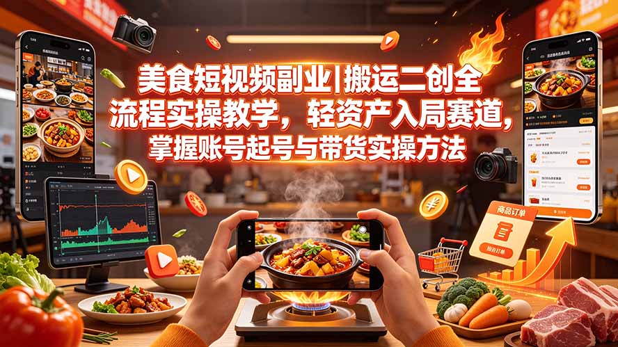 (图1) <a href="https://www.zdlhp.com/remen/9257.html" title="闲鱼" target="_blank">闲鱼</a>引流-零基础美食短视频副业课程封面图,展示手机拍摄厨房实操场景与课程标题视觉设计