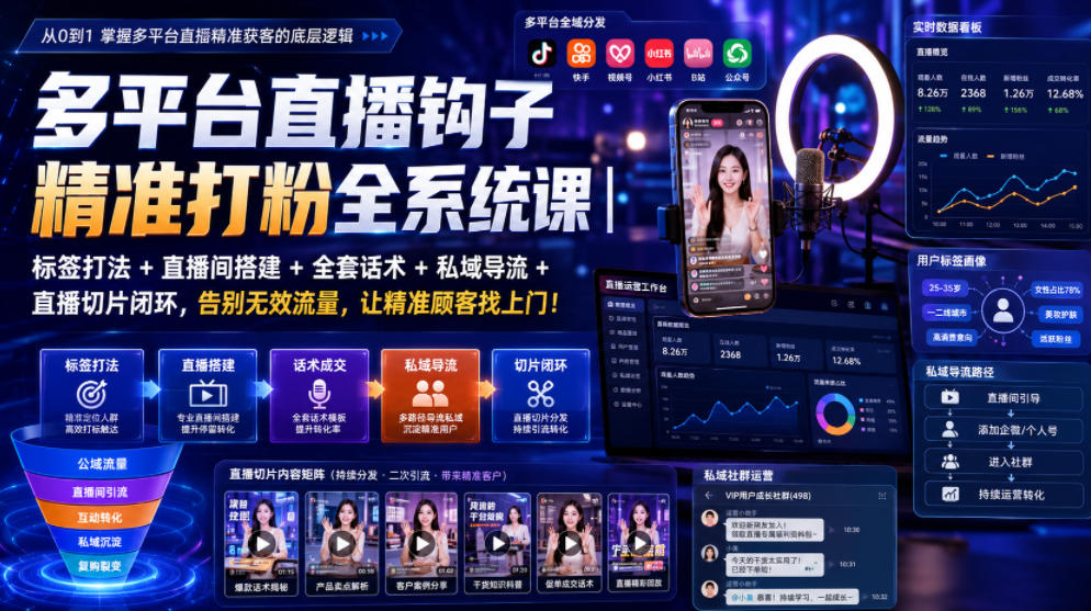 (图1) <a href="https://www.zdlhp.com/remen/9257.html" title="闲鱼" target="_blank">闲鱼</a>引流-多平台直播精准打标与私域导流实战课程封面图,含抖音视频号<a href="https://www.zdlhp.com/remen/8897.html" title="小红书" target="_blank">小红书</a>快手B站五平台标识