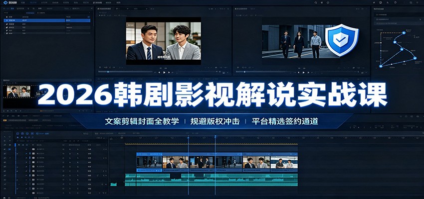 (图1) <a href="https://www.zdlhp.com/remen/9257.html" title="闲鱼" target="_blank">闲鱼</a>引流-严枫2026韩剧解说课程主视觉图:高清韩剧画面与剪辑界面叠加,突出合规创作与高效产出主题