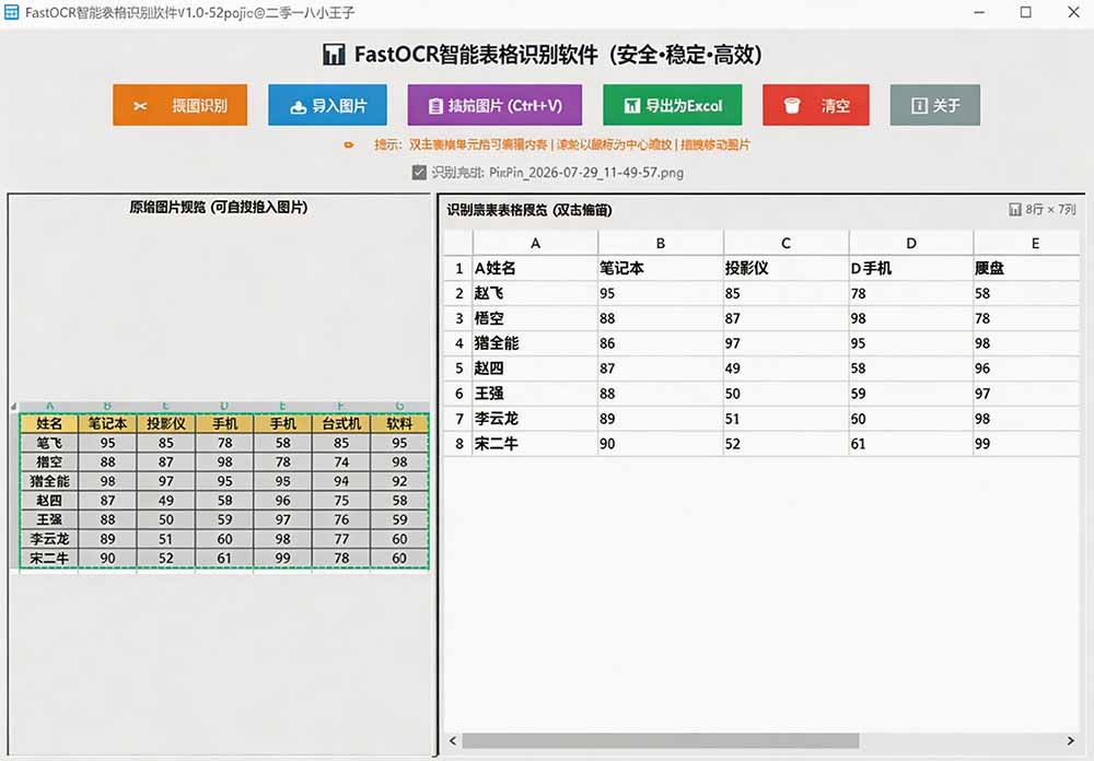 (图4) 闲鱼引流-多表格识别界面展示:单张图片内自动分割并提取三个独立表格至不同Sheet
