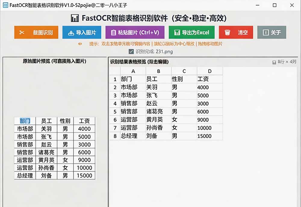(图3) 闲鱼引流-软件识别结果对比图:左侧原图右侧Excel导出效果,含完整行列结构