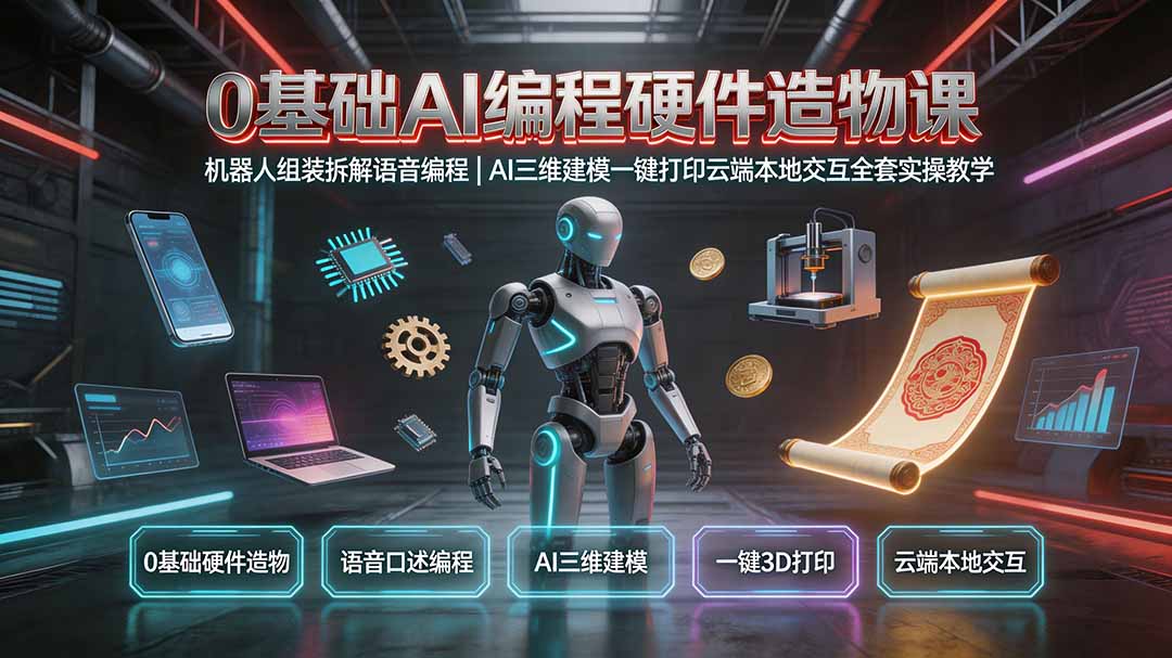 (图1) <a href="https://www.zdlhp.com/remen/9257.html" title="闲鱼" target="_blank">闲鱼</a>引流-零基础AI硬件课程封面图:学员手持自组装智能机器人,背景含3D建模界面与语音编程提示框