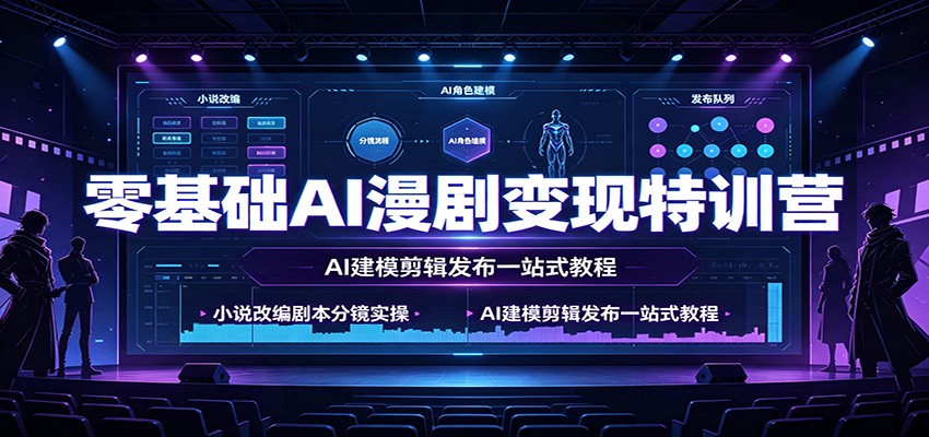 (图1) 闲鱼引流-AI漫剧制作课程封面图:展示分镜脚本、人物建模与剪映界面三联工作流