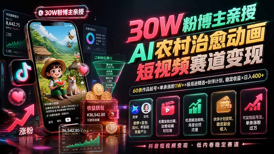 (图1) 闲鱼引流-AI农村治愈动画课程封面图展示真实账号涨粉曲线与精选池标识