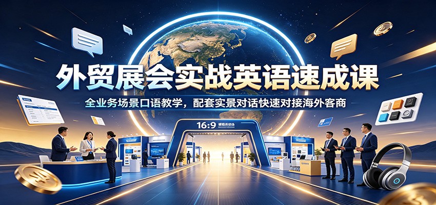 <a href="https://www.zdlhp.com/remen/9257.html" title="闲鱼" target="_blank">闲鱼</a>引流-外贸展会英语实景教学封面图：中外商务人士在展台握手交流场景