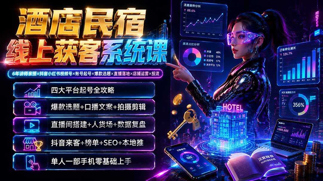 <a href="https://www.zdlhp.com/remen/9257.html" title="闲鱼" target="_blank">闲鱼</a>引流-酒店民宿抖音获客课程封面图：手机界面展示<a href="https://www.zdlhp.com/duanshipin" title="短视频" target="_blank">短视频</a>播放与订单转化数据