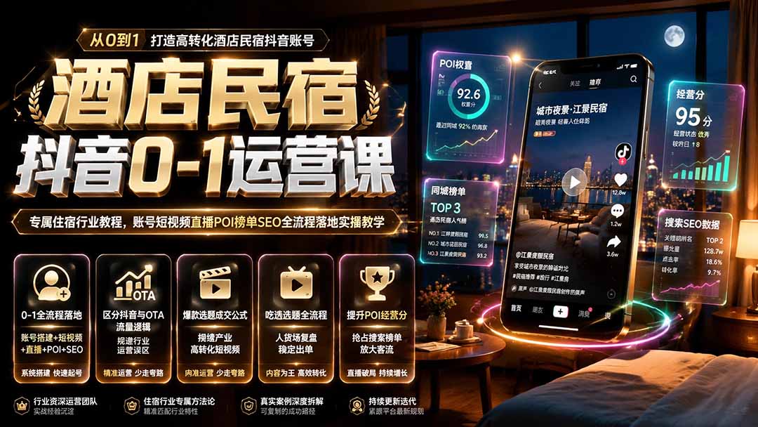 (图2) 闲鱼引流-酒店民宿抖音运营学习路径图,含账号搭建、内容生产、直播转化、POI优化、AI提效五大阶段
