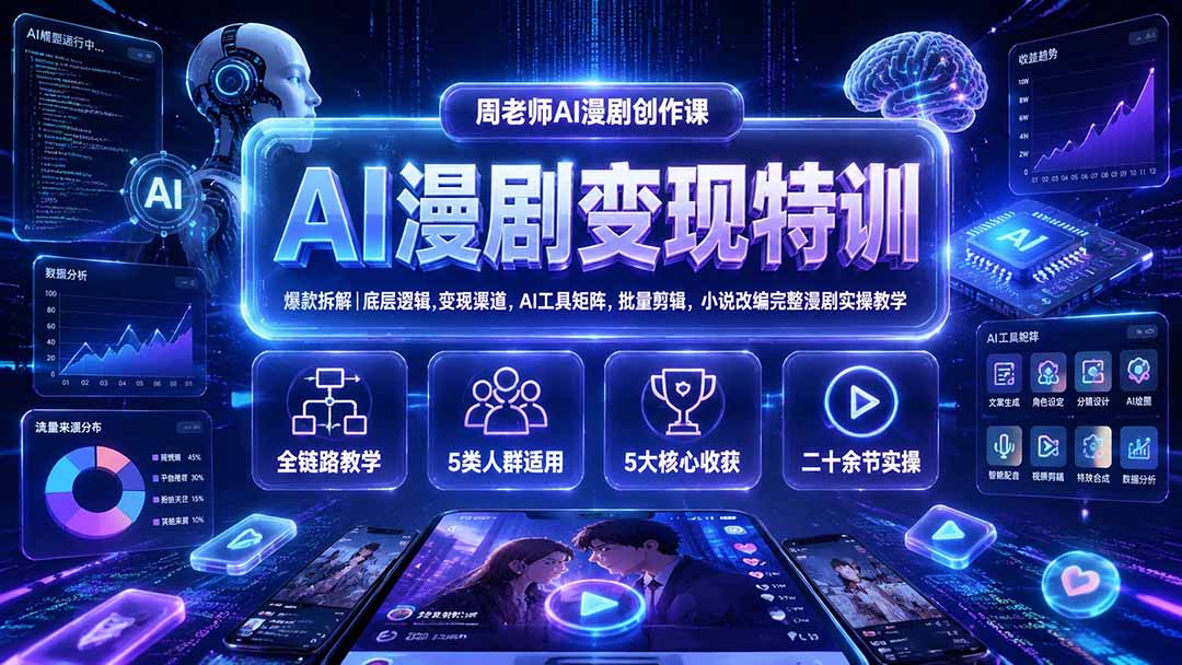 (图2) 闲鱼引流-AI漫剧创作者学习场景图:电脑端多工具协同界面与学员作品数据看板