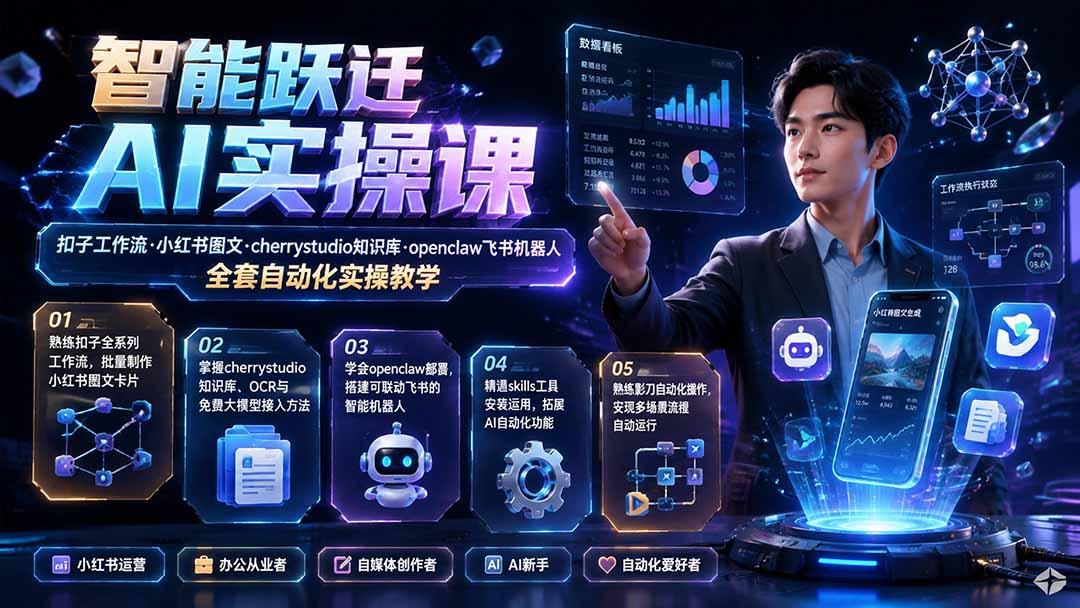 (图1) <a href="https://www.zdlhp.com/remen/9257.html" title="闲鱼" target="_blank">闲鱼</a>引流-智能跃迁AI实战课封面图:扣子工作流+<a href="https://www.zdlhp.com/remen/8897.html" title="小红书" target="_blank">小红书</a>图文卡片+飞书机器人多工具联动界面