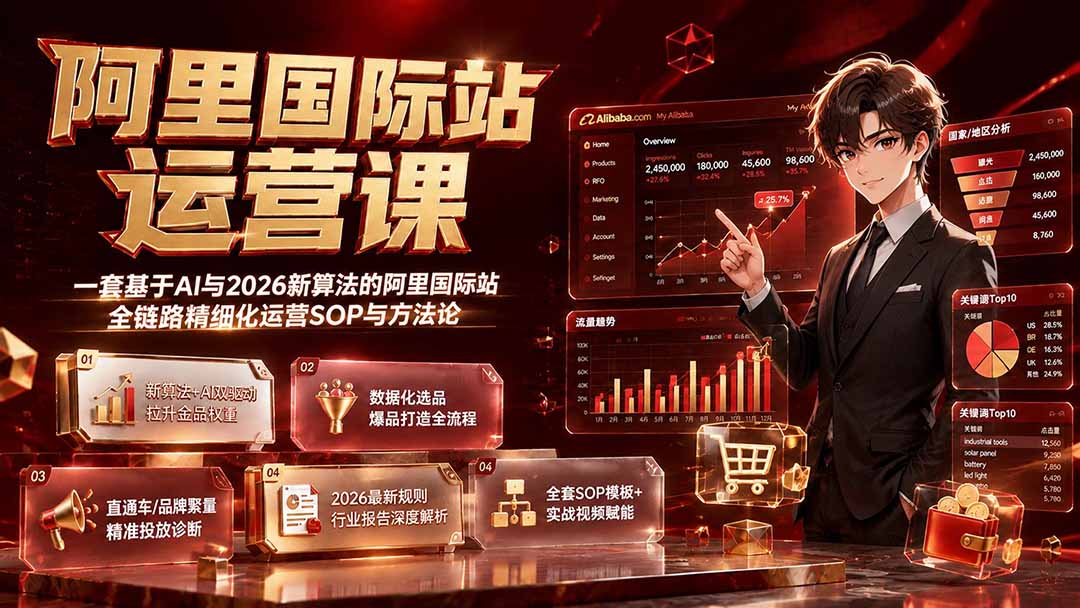 闲鱼引流-阿里国际站AI运营课程视频截图：直通车全站推数据优化与优爆品打造实操界面