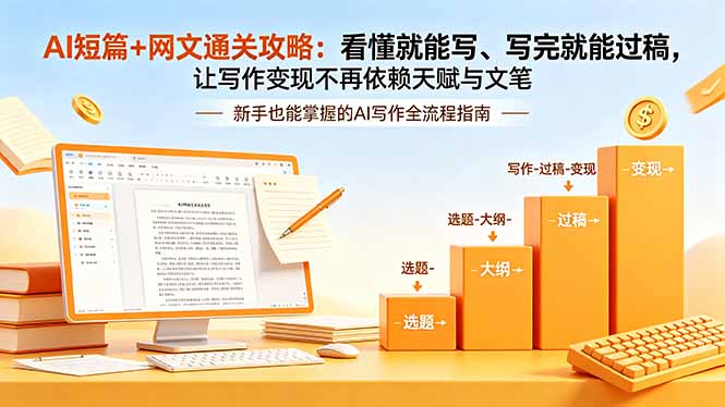 (图1) <a href="https://www.zdlhp.com/remen/9257.html" title="闲鱼" target="_blank">闲鱼</a>引流-AI写作变现课程封面图展示短篇小说与网络文学创作场景,突出零基础入门和稿费收益关键词