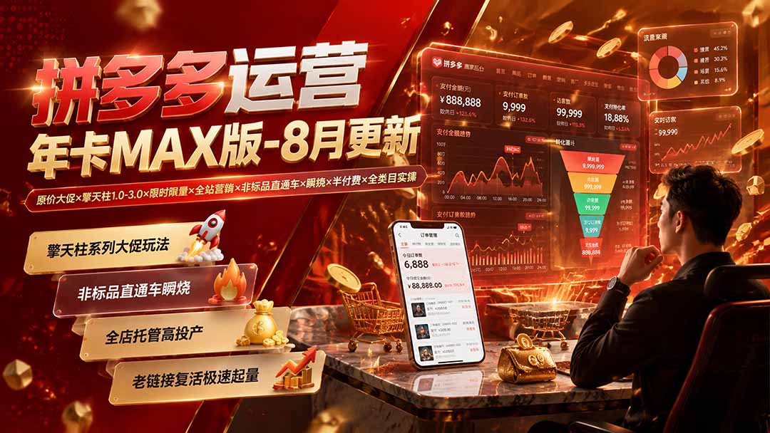 (图2) 闲鱼引流-拼多多运营年卡MAX版8月更新海报,突出擎天柱3.0与非标品直通车瞬烧玩法