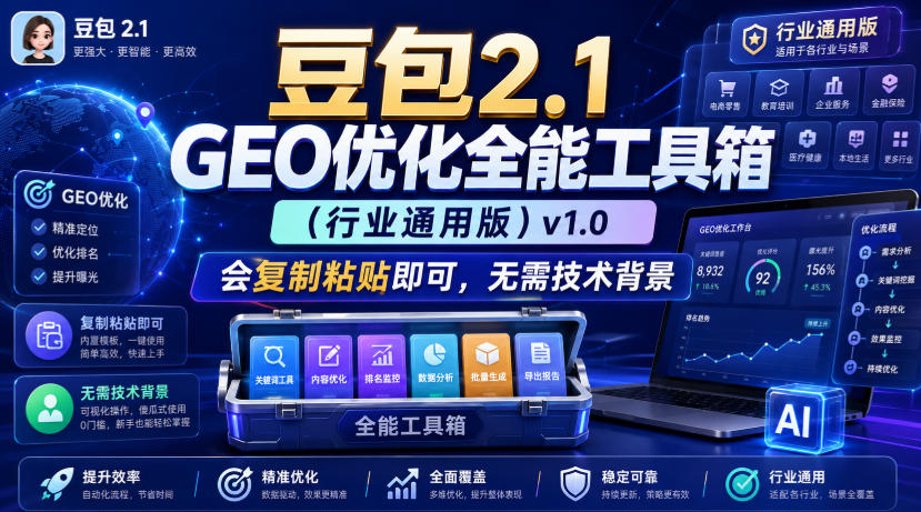 (图1) <a href="https://www.zdlhp.com/remen/9257.html" title="闲鱼" target="_blank">闲鱼</a>引流-豆包2.1 GEO优化工具箱v1.0界面截图含10大模块可视化导航与提示词分类标签