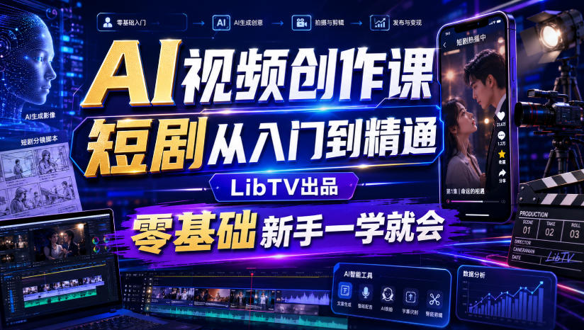 (图1) <a href="https://www.zdlhp.com/remen/9257.html" title="闲鱼" target="_blank">闲鱼</a>引流-LibTV AI短剧创作课主视觉封面图,展示智能生成界面与短剧分镜效果