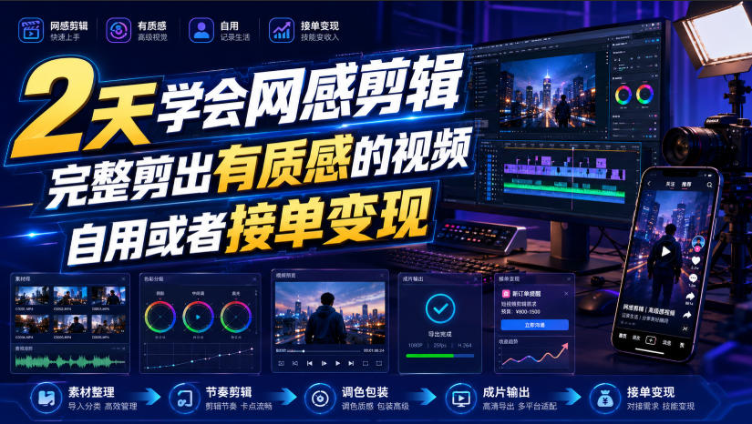 (图1) <a href="https://www.zdlhp.com/remen/9257.html" title="闲鱼" target="_blank">闲鱼</a>引流-网感剪辑课程封面图:高清质感短视频界面教学场景,含剪映软件界面与动态文字特效演示